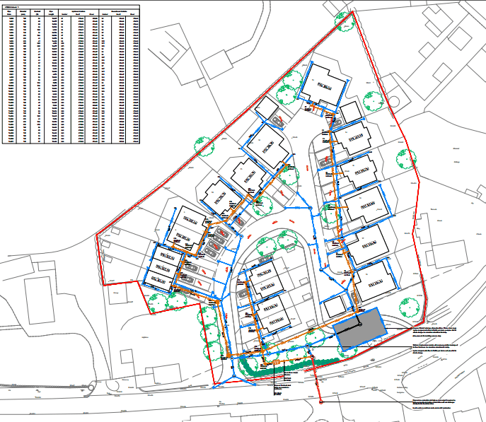 Drainage strategy layout drawing showing surface water and foul runs across a residential development